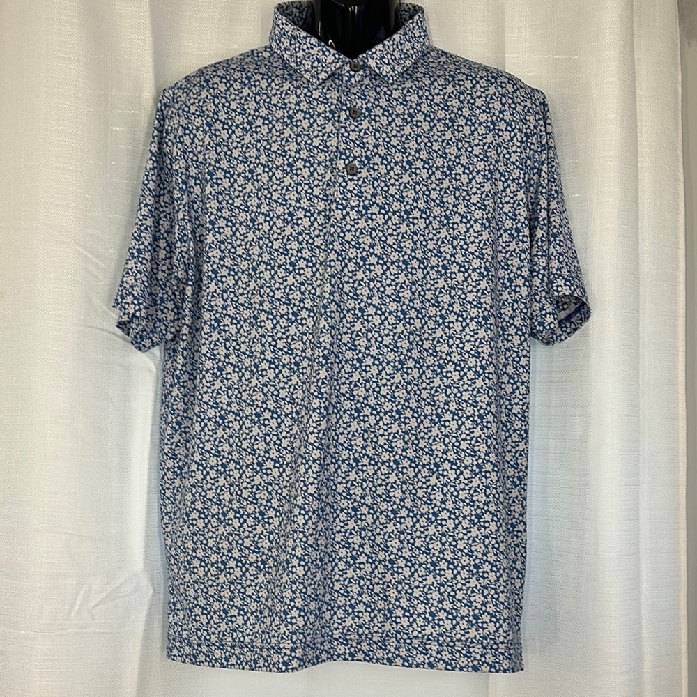 Deolax Blue & White Polo Golf Shirt with Intricate Pattern Short Sleeve Size XL